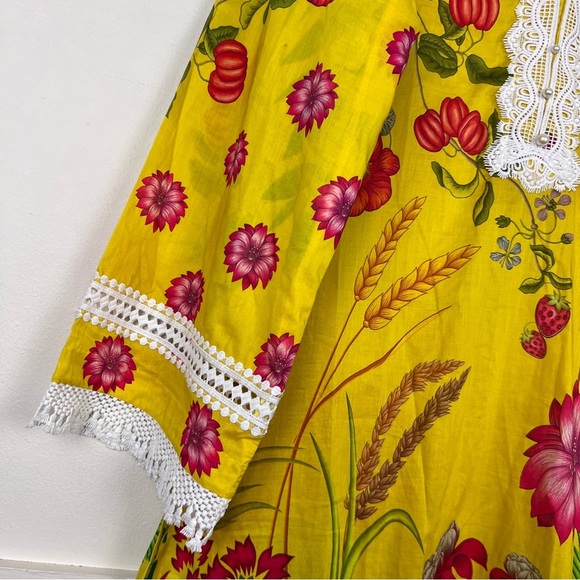 Ammara Khan Floral & Fruit Printed Lace Trim Pakistan Made Formal Kaftan - Picture 3 of 9